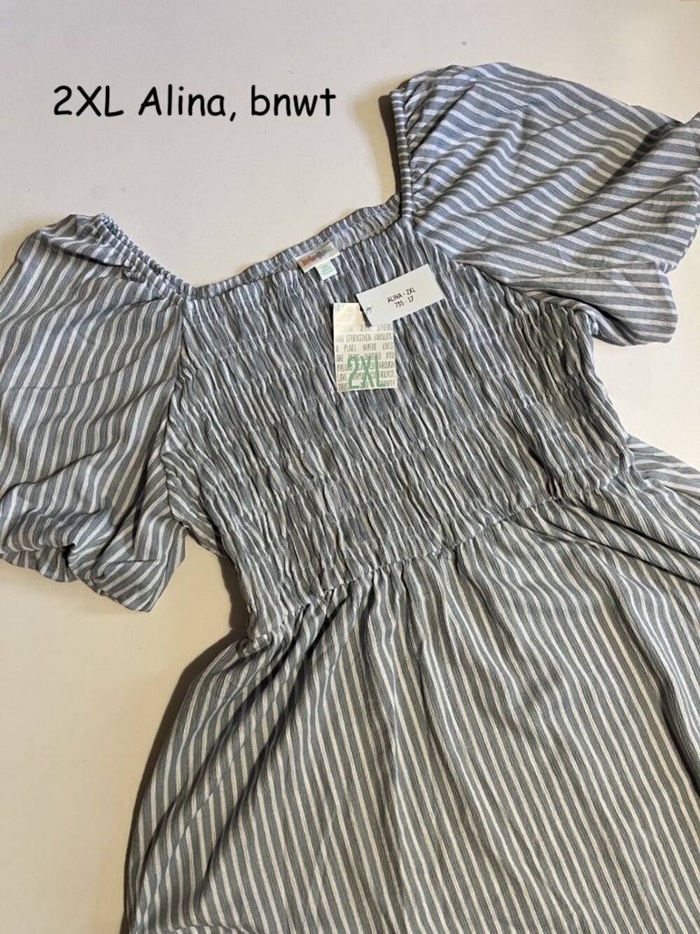 2XL Lularoe Alina balloon sleeved smocked dress, blue & white stripes